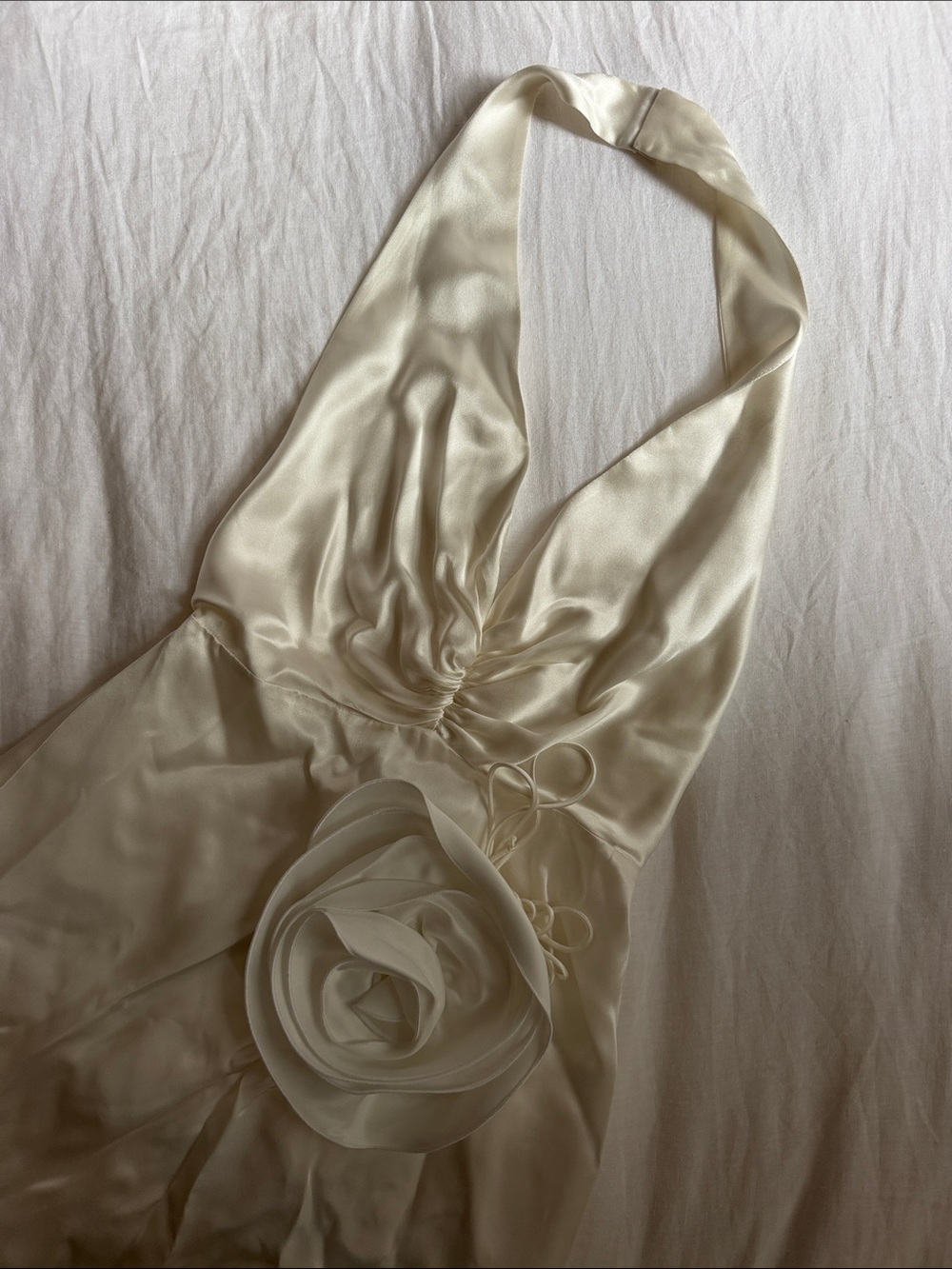 The Bar Ivory Satin Halter Mini Dress with Floral Applique